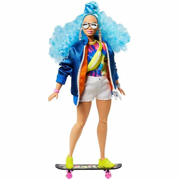 Kukla \ Кукла Barbie Extra Doll with Curly Blue Hair, Skateboard, & 2 Kittens-N