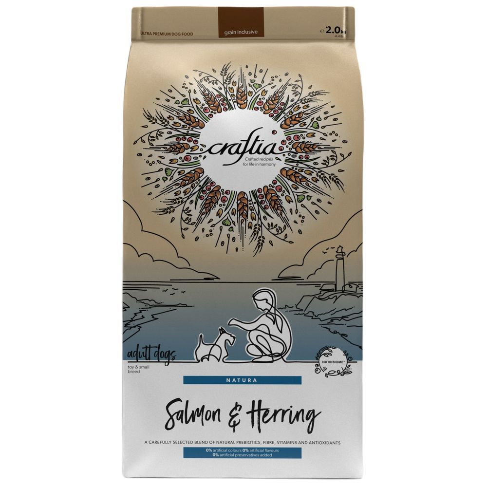Сухой корм CRAFTIA NATURA для собак мелких пород из лосося с сельдью 2 кг+ Лакомство Monge Gift Mobility 45 г