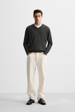 ZARA СВИТЕР ИЗ ЛЕГКОЙ ШЕРСТИ И КАШЕМИРА С V-ОБРАЗНЫМ ВЫРЕЗОМ, СЕРЫЙ С МЕЛАНЖЕВЫМ ЭФФЕКТОМ