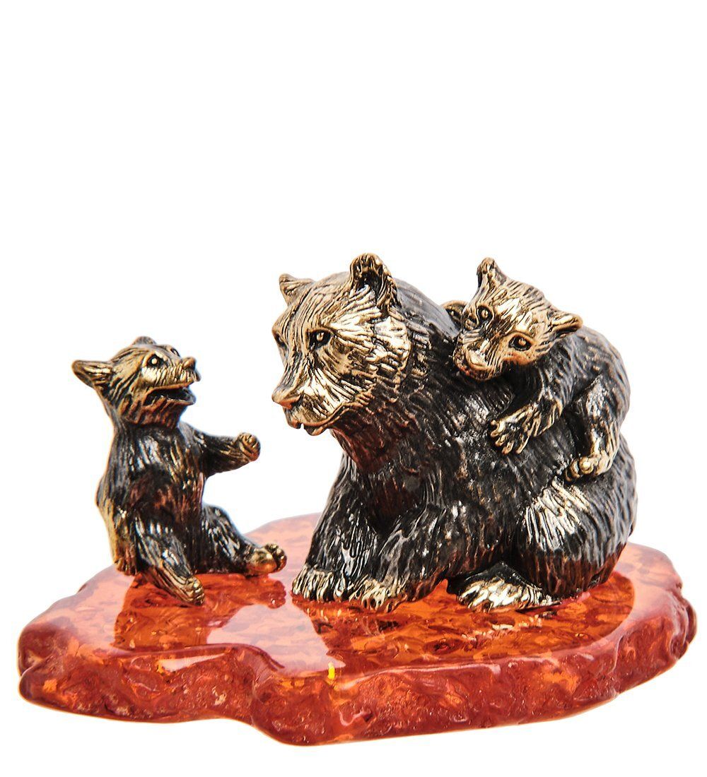 Народные промыслы AM-3112 Фигурка «Медведь с малышами» (латунь, янтарь)