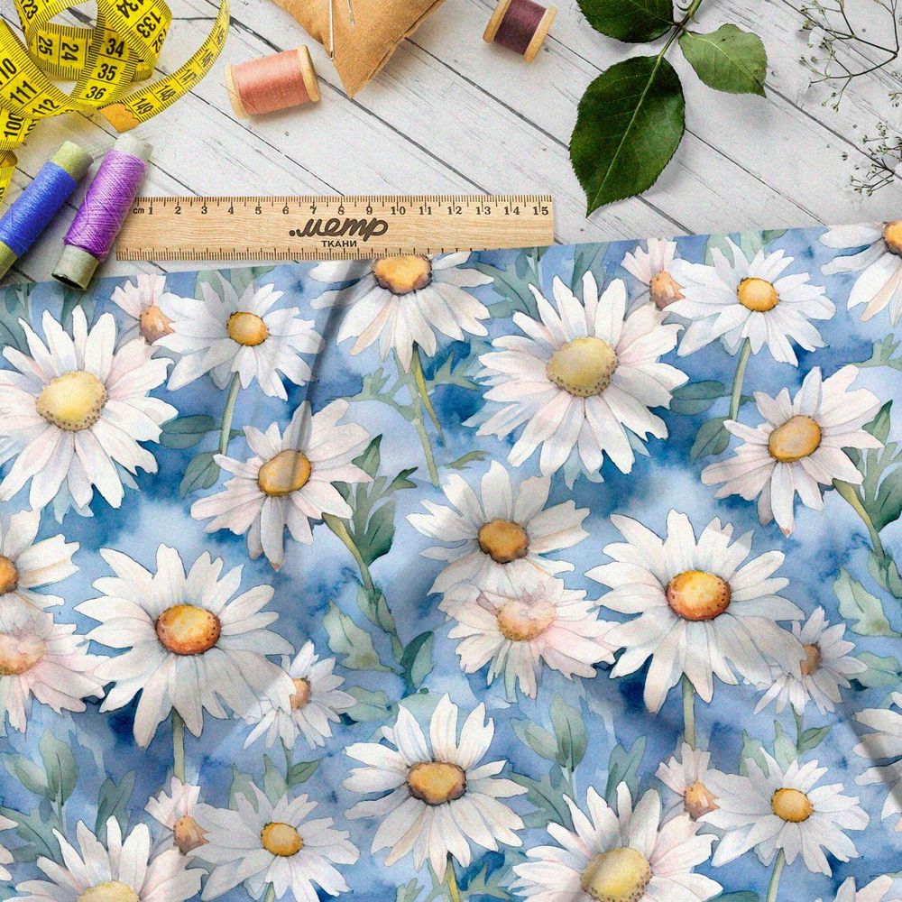 Ткань премиум бифлекс акварельное ромашковое поле