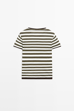 Massimo Dutti Хлопковая футболка в полоску с короткими рукавами, хаки