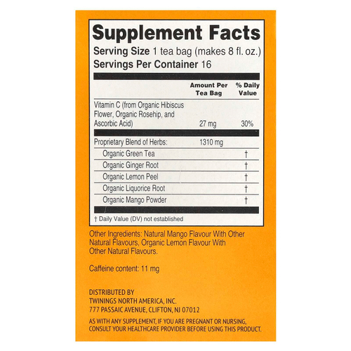 Twinings, Superblends ™, поддержка иммунитета и зеленый чай, имбирь и манго, 16 чайных пакетиков, 32 г (1,12 унции)