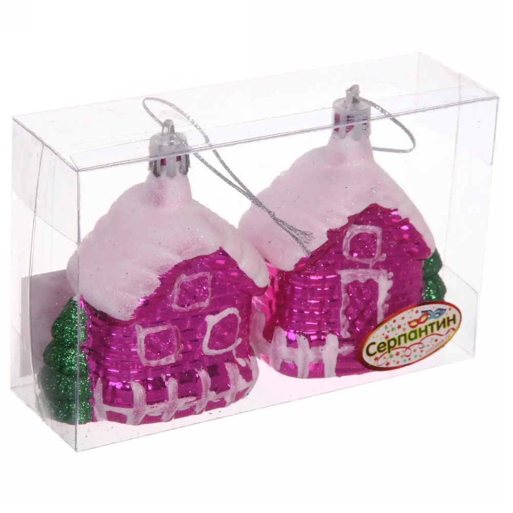 Елочные игрушки «Домик в лесу» 7 см (набор 2 шт), Розовый