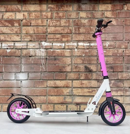 Складной двухколёсный самокат Micar Storm Pro 200 мм с двумя амортизаторами и ручным дисковым тормозом, бело-розовый