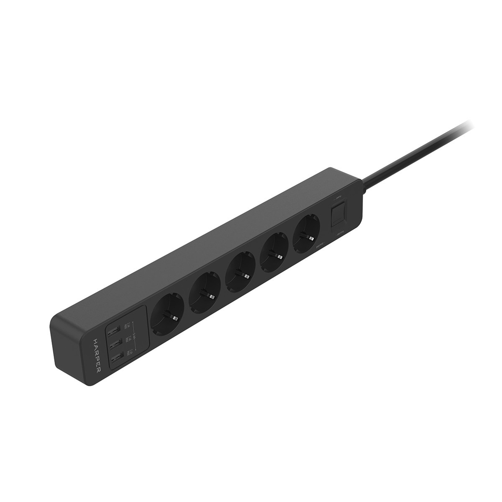 Harper Сетевой фильтр с USB зарядкой UCH-510 Black (5 роз.,10м.,3 x USB 2.4A (max 3.4A), 4000W) (H00003208)