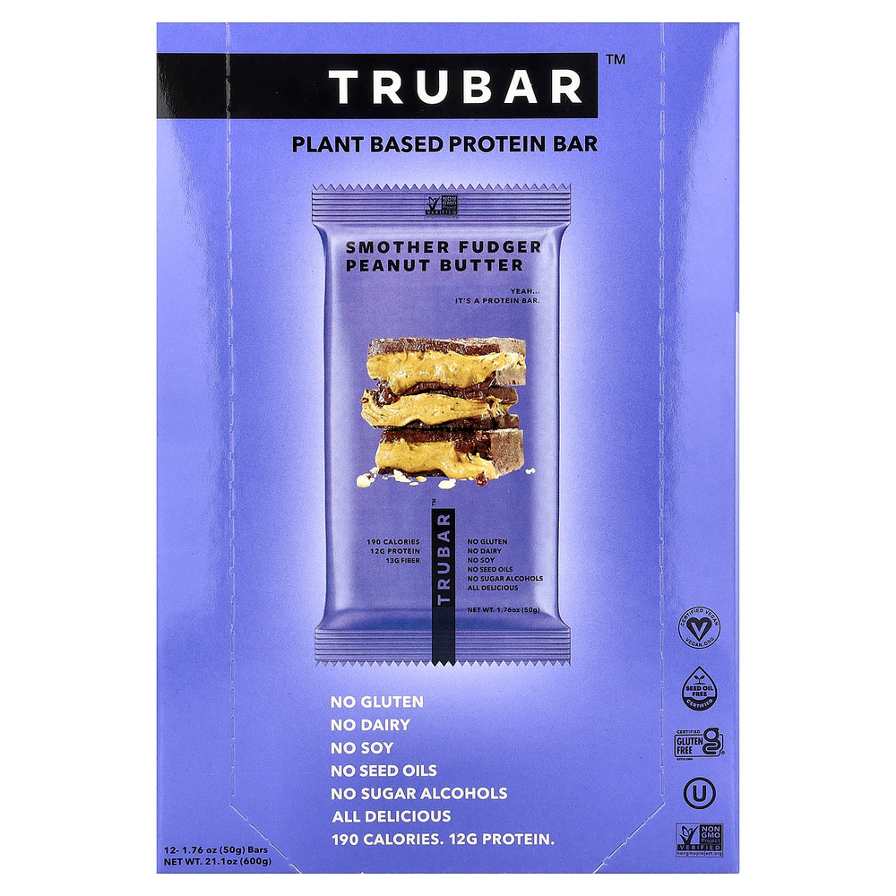 Trubar, протеиновый батончик на растительной основе, нежная помадка и арахисовая паста, 12 батончиков по 50 г (1,76 унции)