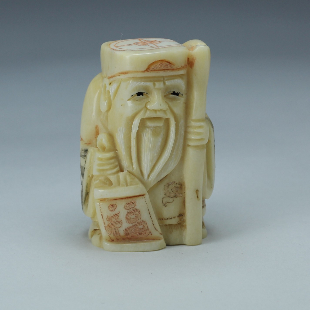 Нэцкэ Дзюродзин с посохом и иероглифом счастье