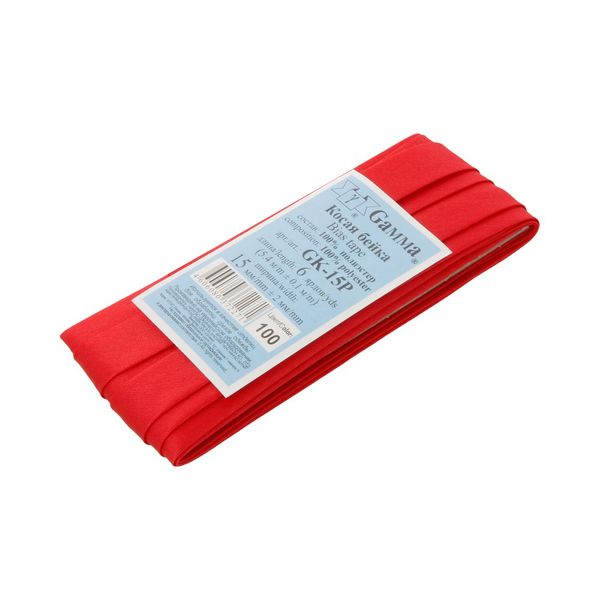 Косая бейка атласная 15 мм / 5 шт по 5.4 метра, №100 красный, Gamma GK-15P