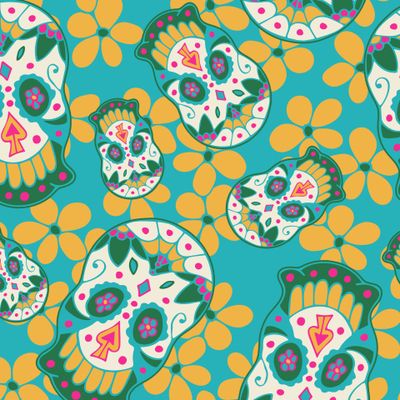 Мексиканские цветочные черепа - маски на голубом фоне