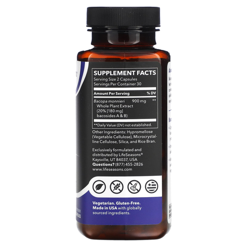 LifeSeasons, Экстракт бакопы, 60 растительных капсул (450 мг на капсулу)