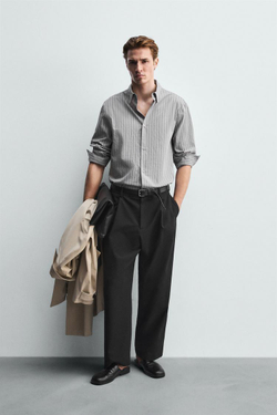 ZARA РУБАШКА В ПОЛОСКУ, СЕРЫЙ МЕЛАНЖ