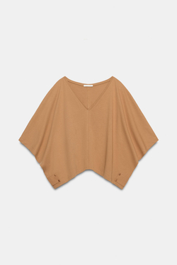 ZARA ХЛОПКОВАЯ ФУТБОЛКА С РУКАВАМИ-НАКИДКАМИ, МЯГКИЙ КАШТАНОВЫЙ