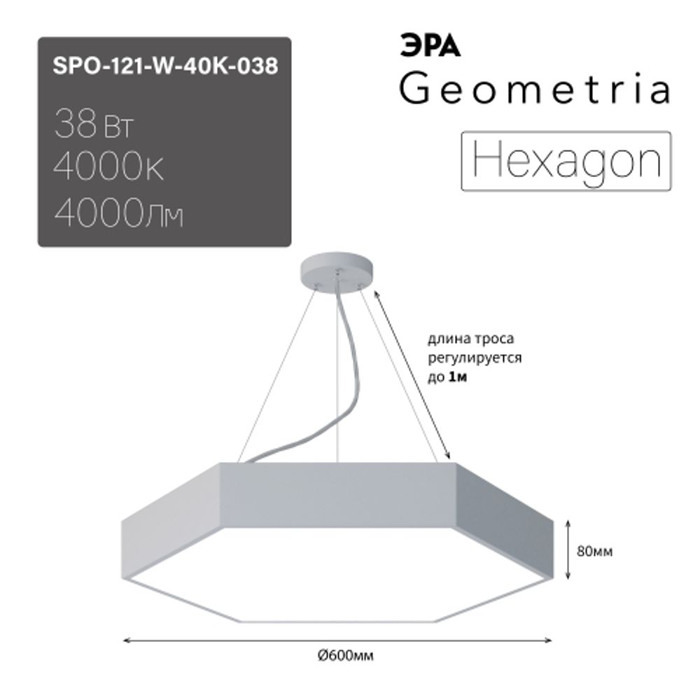 Светильник LED ЭРА Geometria SPO-121-W-40K-038 Hexagon 38Вт 4000К 4000Лм IP40 600*600*80 белый подвесной | Декоративные светильники Geometria
