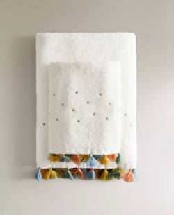 ZARA HOME ДЕТСКОЕ ПОЛОТЕНЦЕ С КИСТОЧКАМИ, ЖЕЛТОВАТО-БЕЛЫЙ