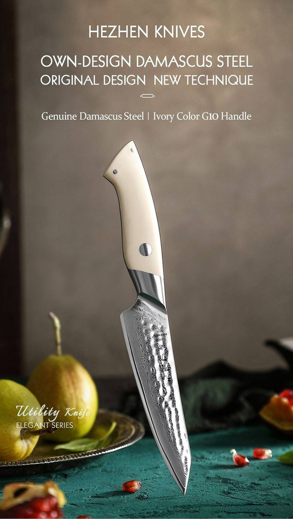 Кухонный нож Hezhen B38H Utility нож 5 дюймов клинок 67 Layers Damascus рукоять G10, длина лезвия 13,2 см