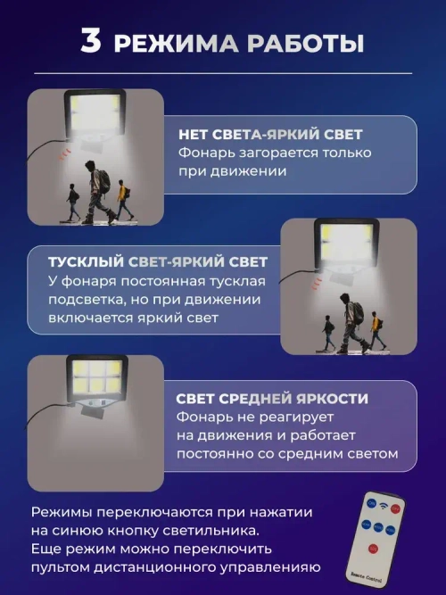 Уличный светильник беспроводной на солнечной батарее с датчиком движения и пультом. Прожектор светодиодный с выносной солнечной панелью.