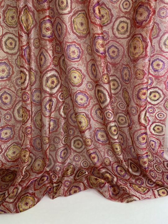 Шифон принт, silk, круги красные/желт/фиолетовые на бежевом RH D4C3