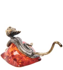 Народные промыслы AM- 363 Фигурка «Кот на подушке» (латунь, янтарь)