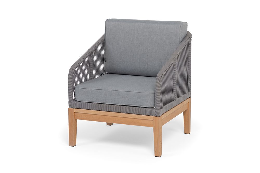 "Канны" кресло плетеное из роупа, основание бук, роуп светло-серый круглый, ткань светло-серая