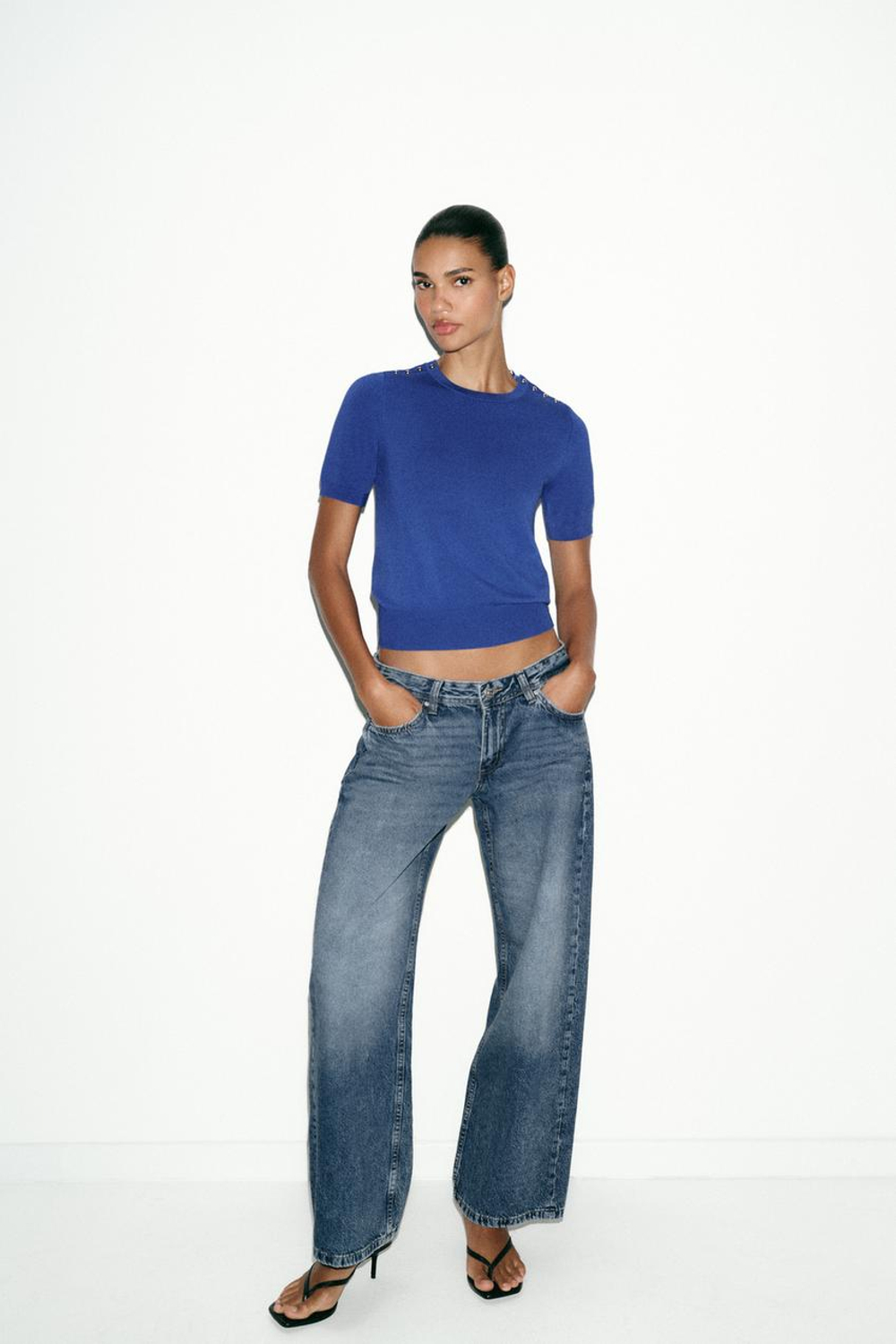 ZARA БАЗОВЫЙ ТРИКОТАЖНЫЙ СВИТЕР С КОРОТКИМИ РУКАВАМИ, СИНИЙ