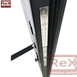 Входная металлическая дверь с зеркалом RеX (РЕКС) 25 кварц черный, фурнитура с квадратной розеткой, цвет хром/ Пастораль Белый ясень