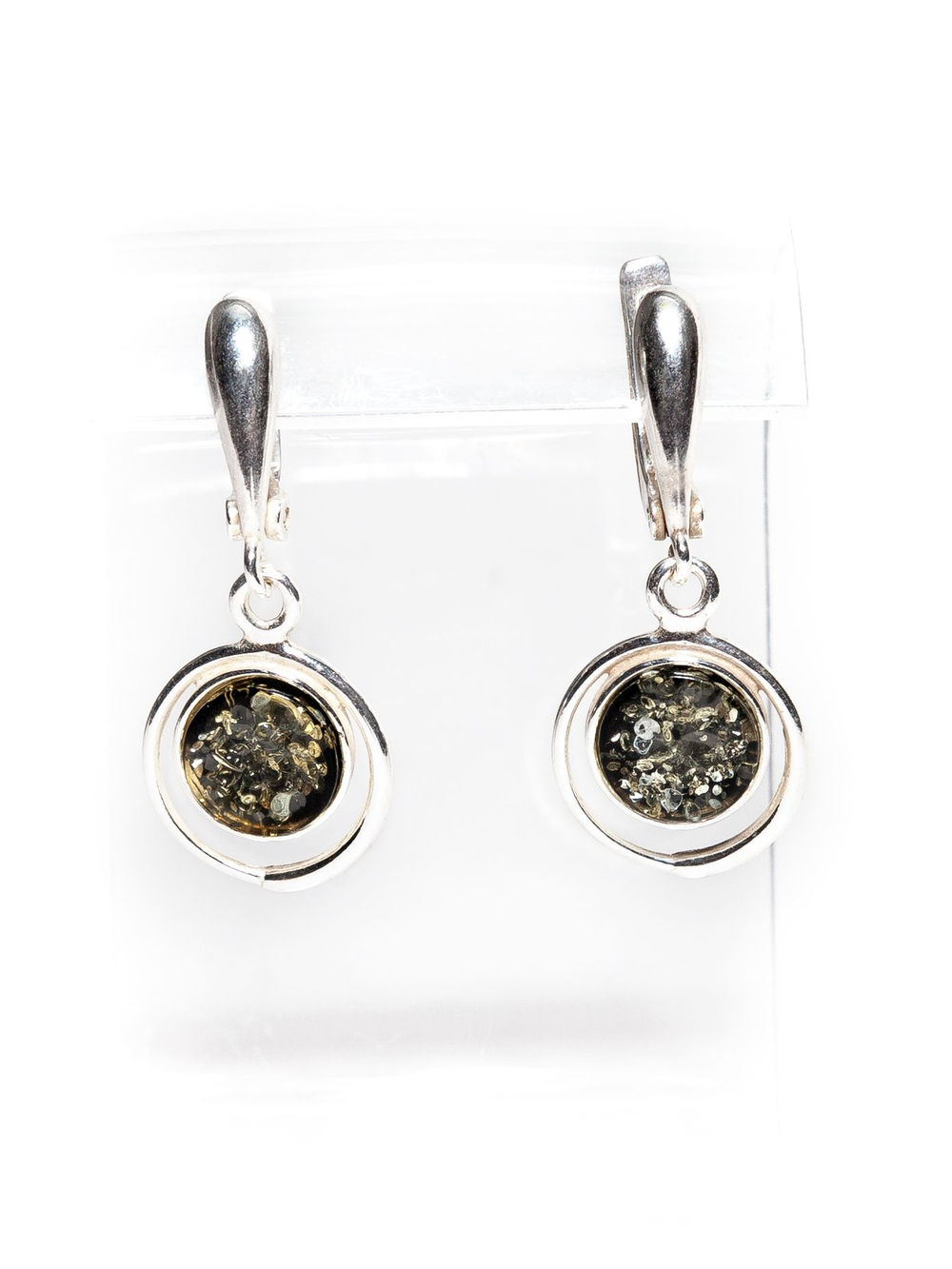 Серьги с натуральным янтарем зеленого цвета