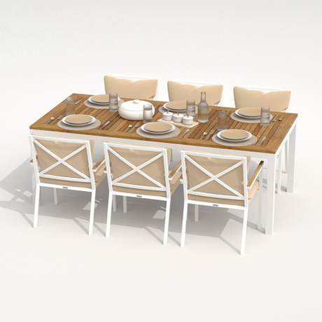 Обеденная группа Ideal Patio  ТЕЛЛА ФЕСТА плюс каркас белый, стол тик 200, ткань бежевая
