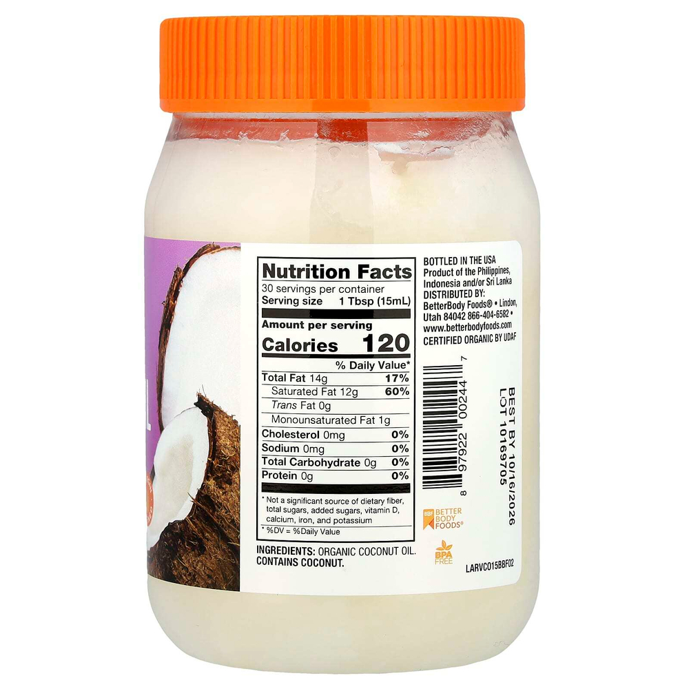 BetterBody Foods, Органическое кокосовое масло первого отжима, 458 мл (15,5 жидк. унц.)