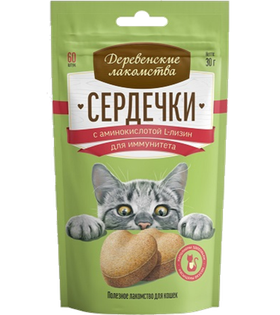 Деревенские лакомства Для кошек Сердечки с аминокислотой L-лизин, 60шт., 30гр.
