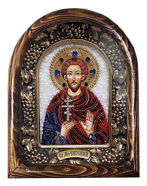 Дивеевская икона святой мученик Евгений, печать, лазурит, коралл и бисер