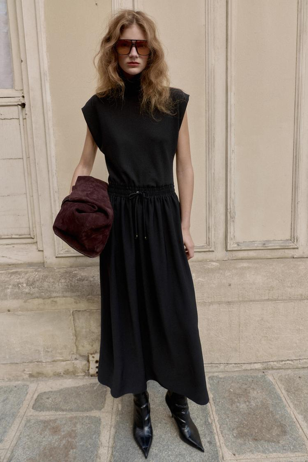 ZARA ДЛИННОЕ КОМБИНИРОВАННОЕ ПЛАТЬЕ, ЧЕРНЫЙ