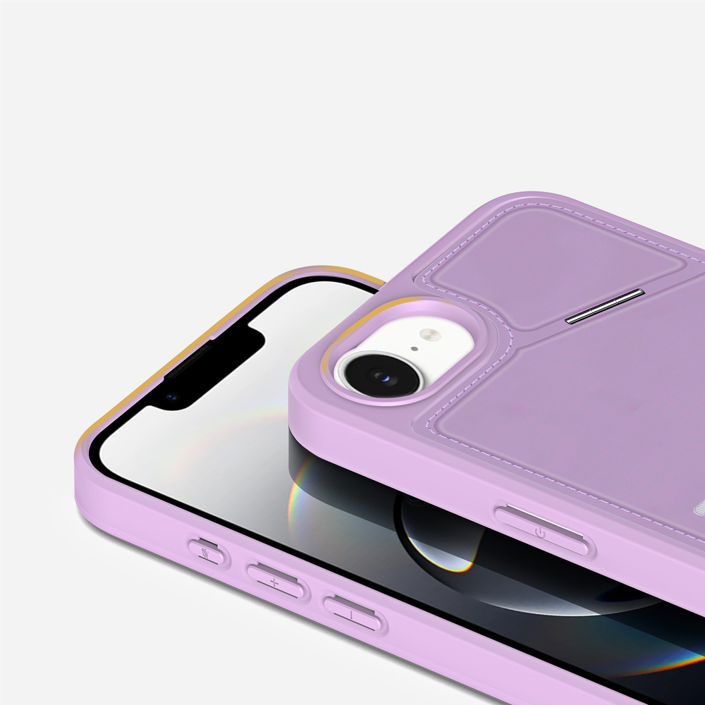 Чехол фиолетового цвета с MagSafe и подставкой-картхолдером от Dux Ducis для iPhone 16e, серия Rafi II Mag Series