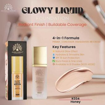 Тональная основа Global Fashion, Glowy Liquid Foundation 4in1:Primer+Concealer+Highlighter+BB cream, SPF 15, 34