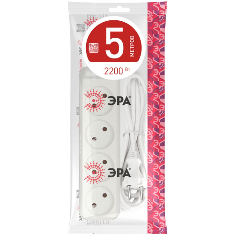 Удлинитель электрический ЭРА U-4-5m-2x1 без заземления 4 розетки 5м ПВС 2x1мм2 10А | Бытовые удлинители