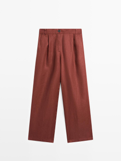 Massimo Dutti Широкие брюки на резинке из 100% льна, оранжевый