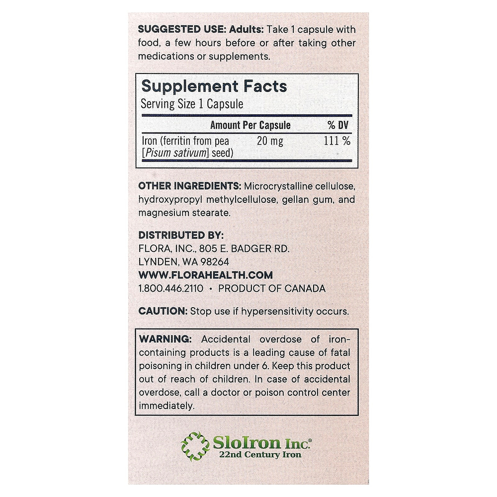 Flora, Ferritin +®, 30 веганских капсул с отсроченным высвобождением (20 мг в 1 капсуле)