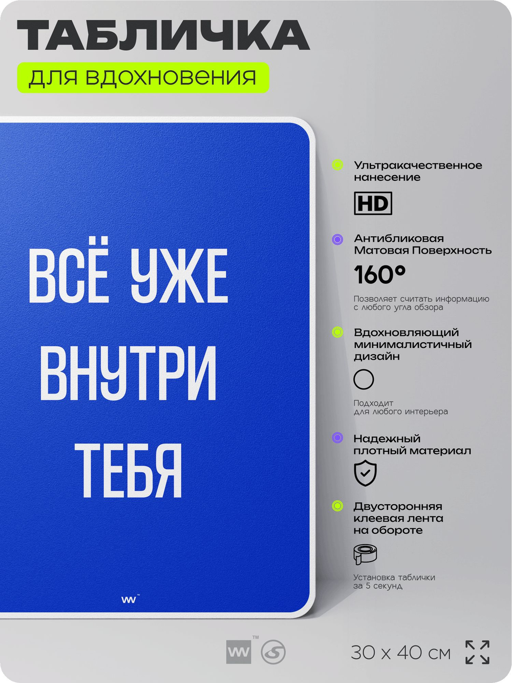 Табличка мотивационная большая "Всё уже внутри тебя", аффирмация, для интерьера, 30х40 см, пластиковая, Айдентика Технолоджи