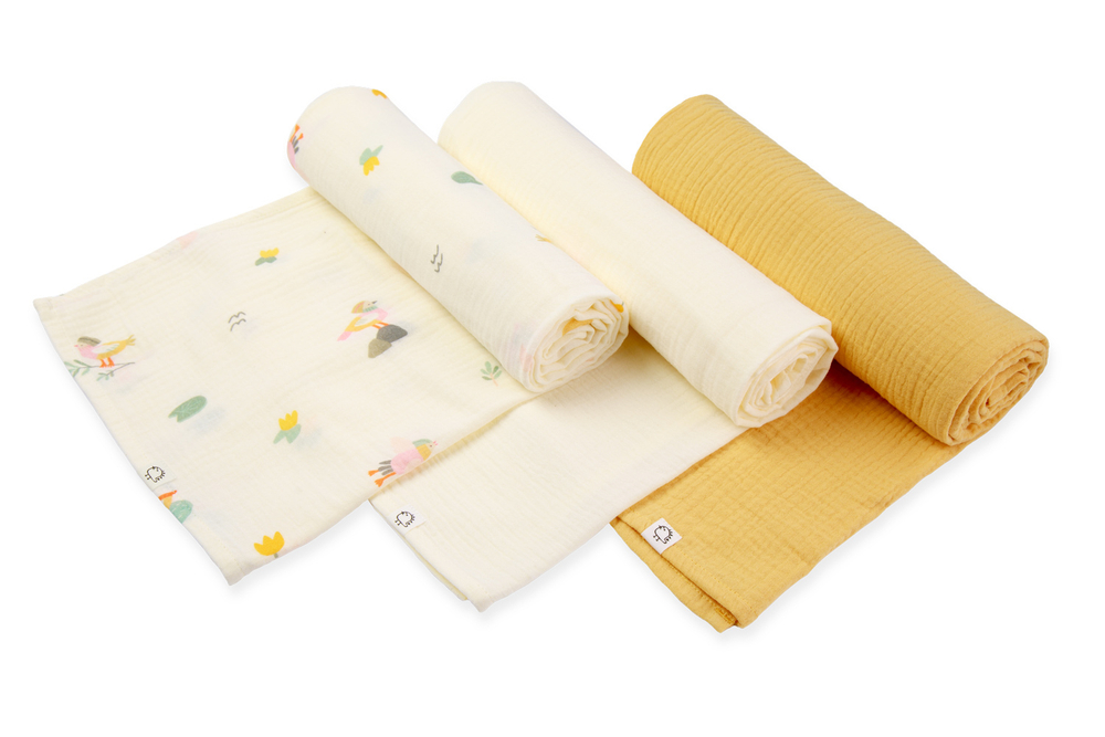 Пелёнки муслиновые BUBA KIDS, 3 шт., Утка-мандаринка/ горчица/ сливочный, 75х75