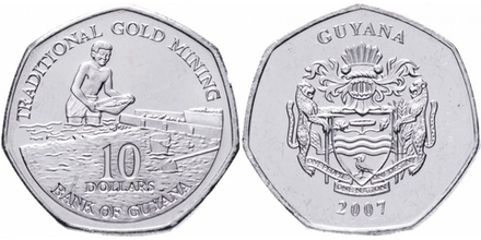 Гайана 10 долларов, 1996 - 2018 Герб XF