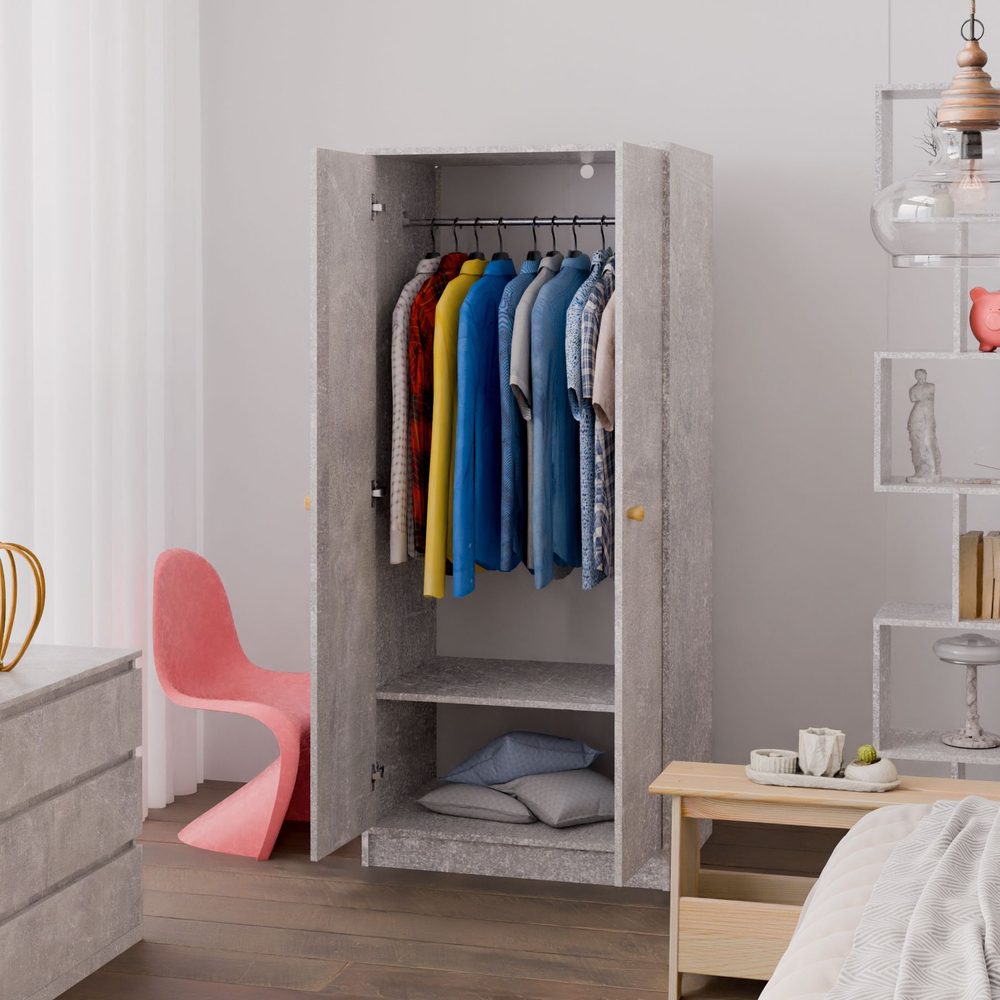 Шкаф для одежды 2 двери Марм, 74х55х170 см, со штангой и полкой, серый бетон
