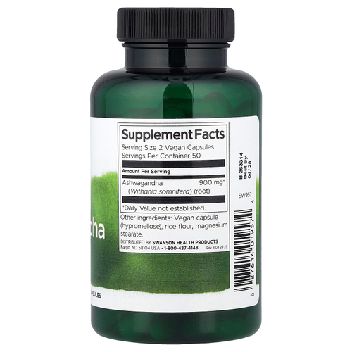 Swanson Vitamins, Full Spectrum®, ашваганда, 100 веганских капсул (450 мг в 1 капсуле)