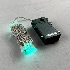 Светодиодная гирлянда 10 м., 3 батарейки типа D 4.5В., 100 LED ламп цвета аква, таймер, прозрачный провод, LTC (EST100-4W10-8A)