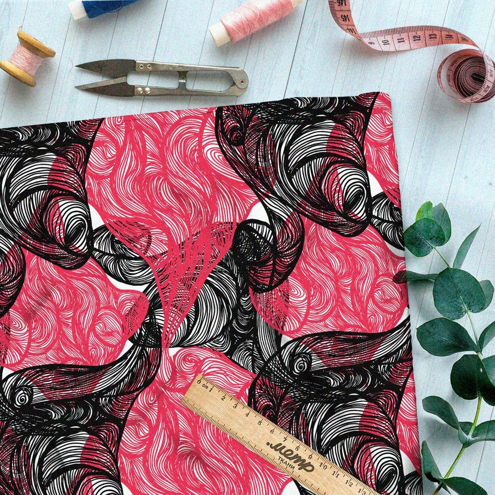 Ткань таффета витиеватый чёрные и розовый дым