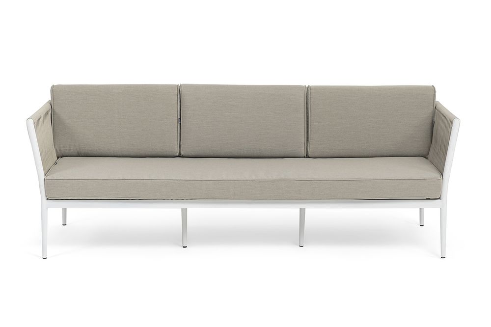 "Касабланка" диван 3-местный плетеный из роупа, каркас алюминий белый муар, роуп бежевый 20мм, ткань бежевая 15052