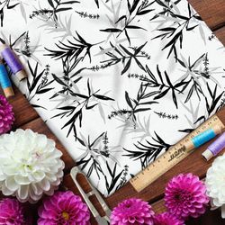 Ткань бязь тонкая китайская листва на белом фоне