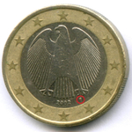 1 евро 2002 год (F). Германия. Регулярный выпуск. Тип 1. Биметалл VF-XF
