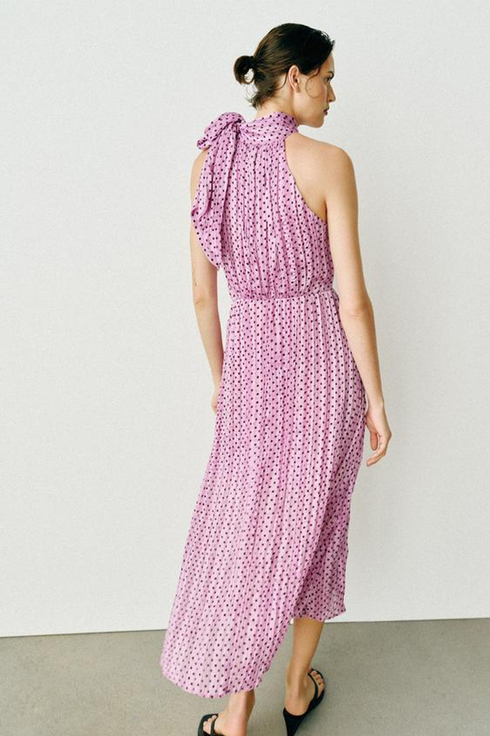 ZARA ПЛАТЬЕ МИДИ В ГОРОШЕК С БАНТОМ, РОЗОВЫЙ/ЛИЛОВЫЙ