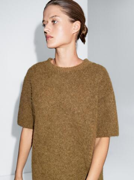 Massimo Dutti Объемный вязаный свитер из альпаки и шерсти, светло-зеленый