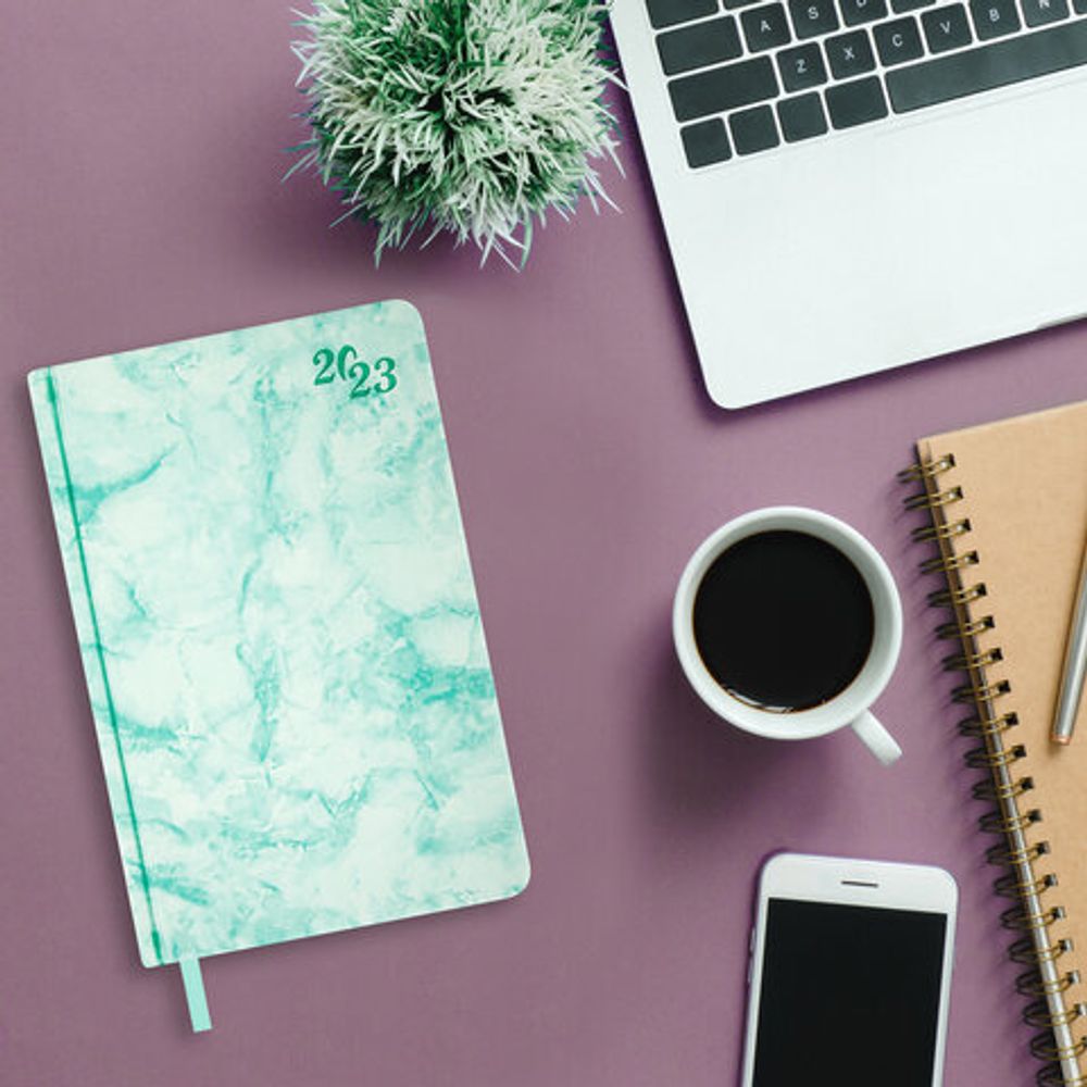 Ежедневник датированный 2023 А5 138x213 мм BRAUBERG "Marble", под кожу, бирюзовый, 114020